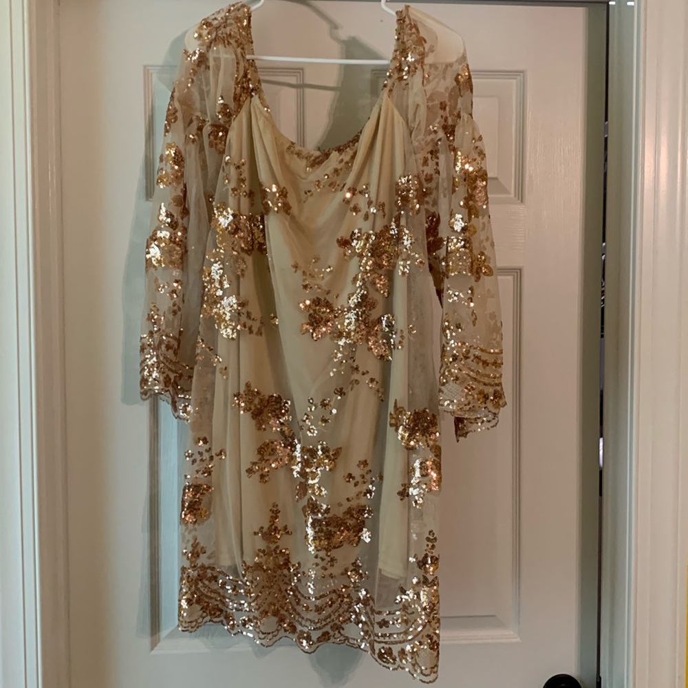 Golden Goddess beautiful tan off the shoulder dress with rose gold sequins